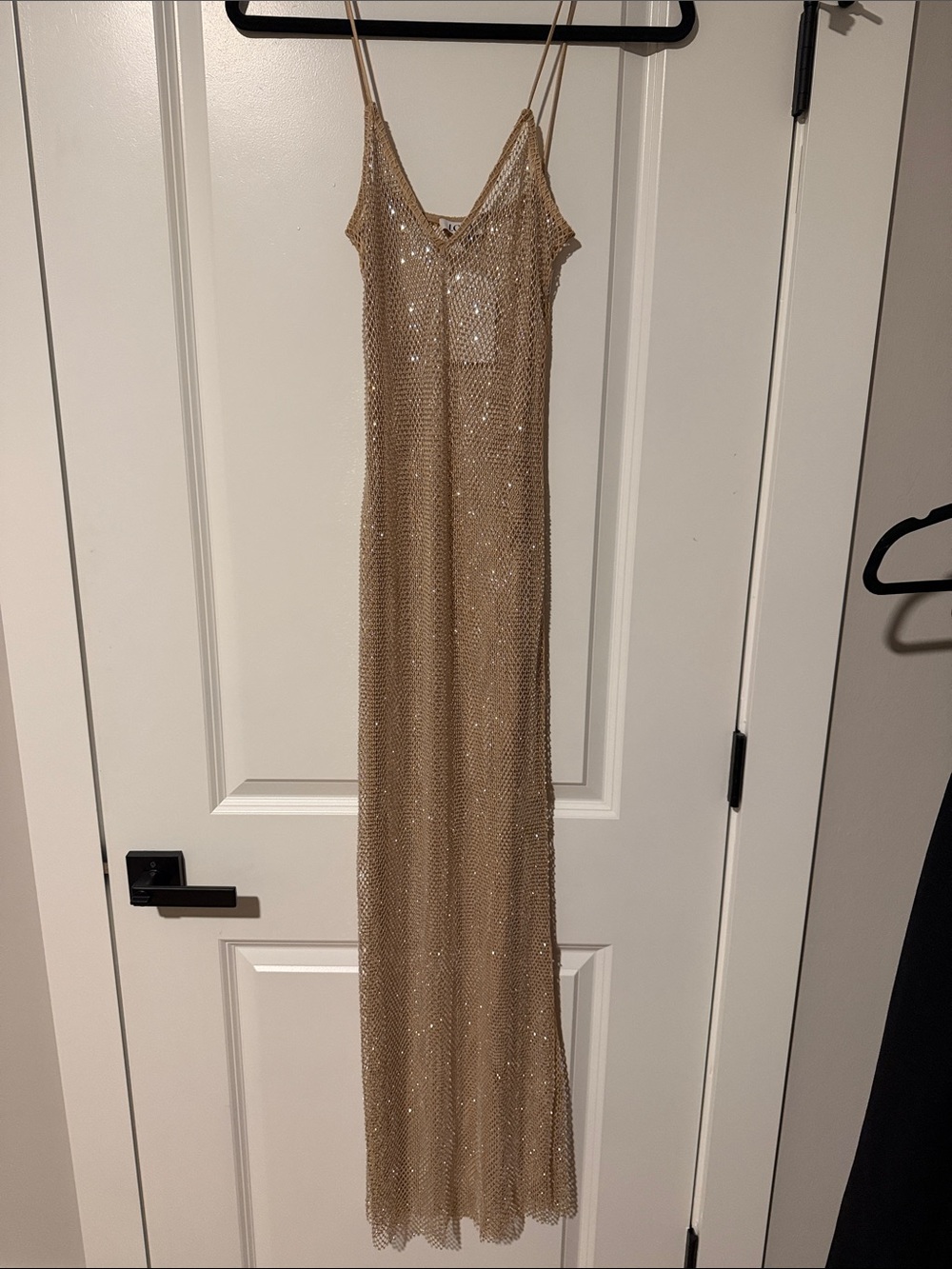 Beige Metallic Sequin Maxi Slip Dress with Spaghetti Straps